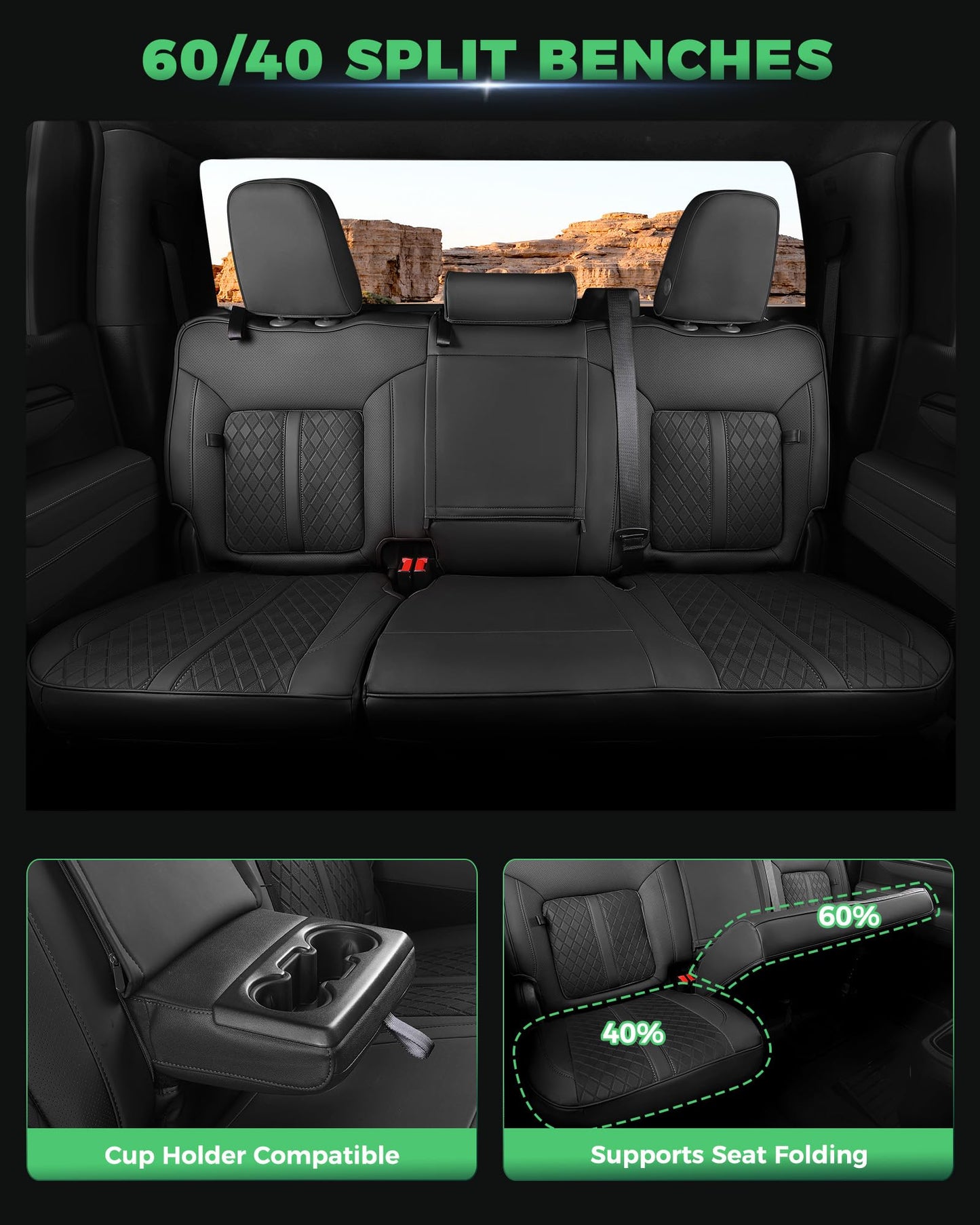 RIDEPOSH Silverado/Sierra leather seat covers, 2019-2026 Crew Cab, full truck set, black.