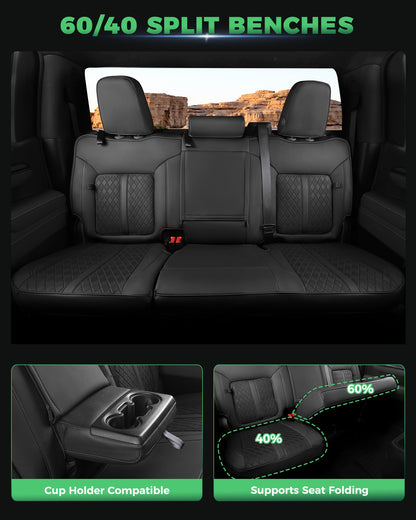 RIDEPOSH Silverado/Sierra leather seat covers, 2019-2026 Crew Cab, full truck set, black.