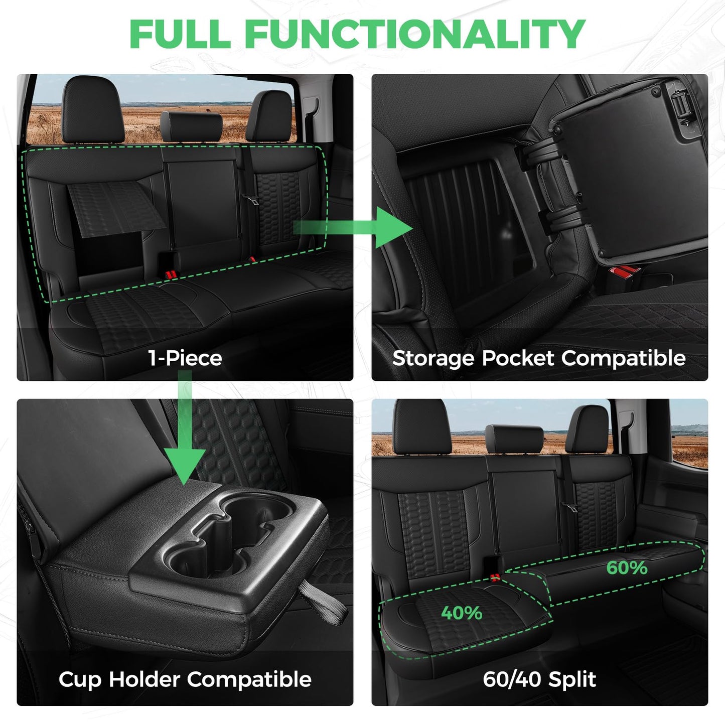 RIDEPOSH Silverado/Sierra leather covers, Crew Cab full set with jump seat cover, black.