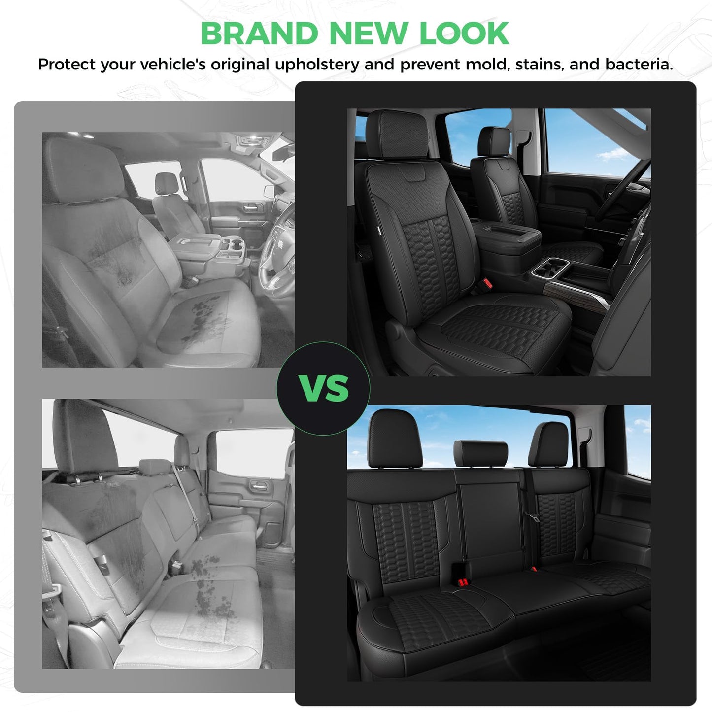 RIDEPOSH Silverado/Sierra leather covers, Crew Cab full set with jump seat cover, black.