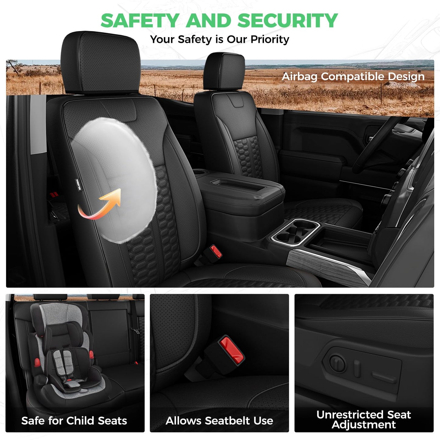 RIDEPOSH Silverado/Sierra leather covers, Crew Cab full set with jump seat cover, black.