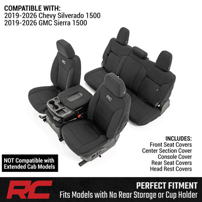 Rough Country Silverado/Sierra 1500 2019-2026 neoprene seat covers, waterproof, padded.