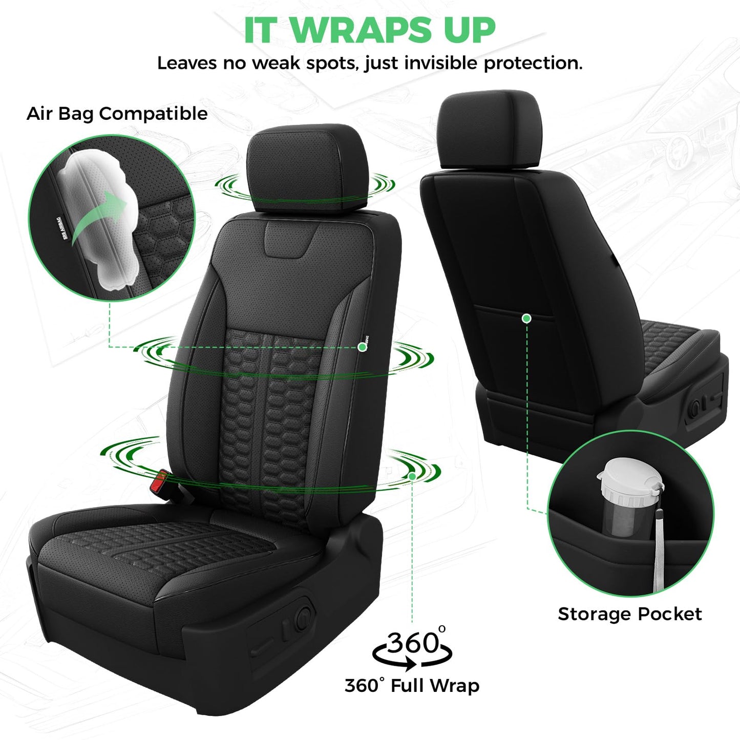 RIDEPOSH Silverado/Sierra leather covers, Crew Cab full set with jump seat cover, black.