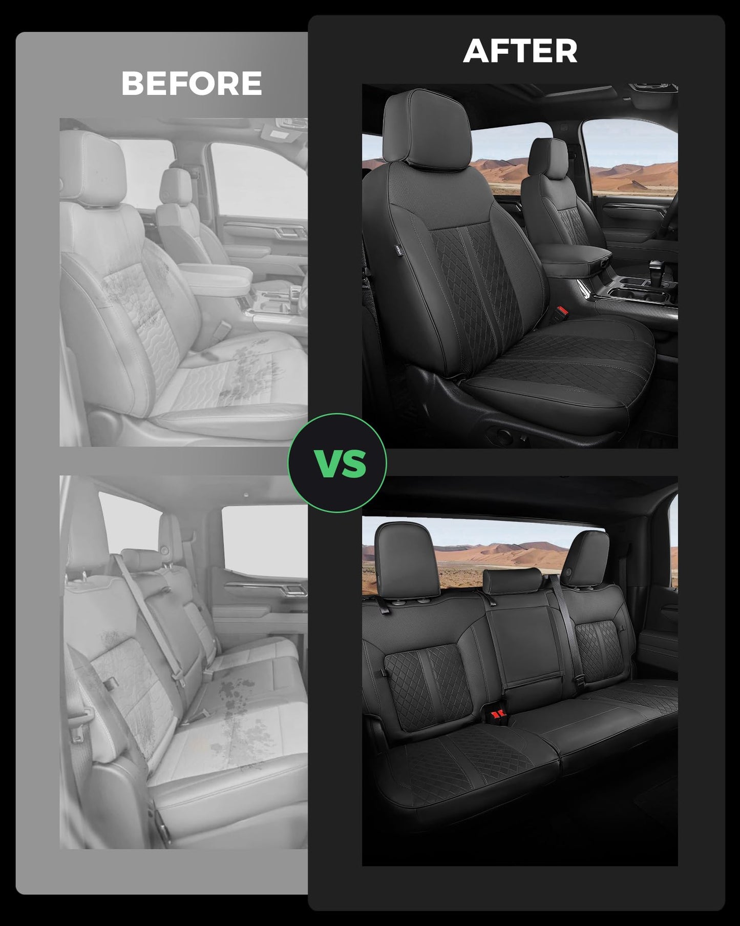 RIDEPOSH Silverado/Sierra leather seat covers, 2019-2026 Crew Cab, full truck set, black.
