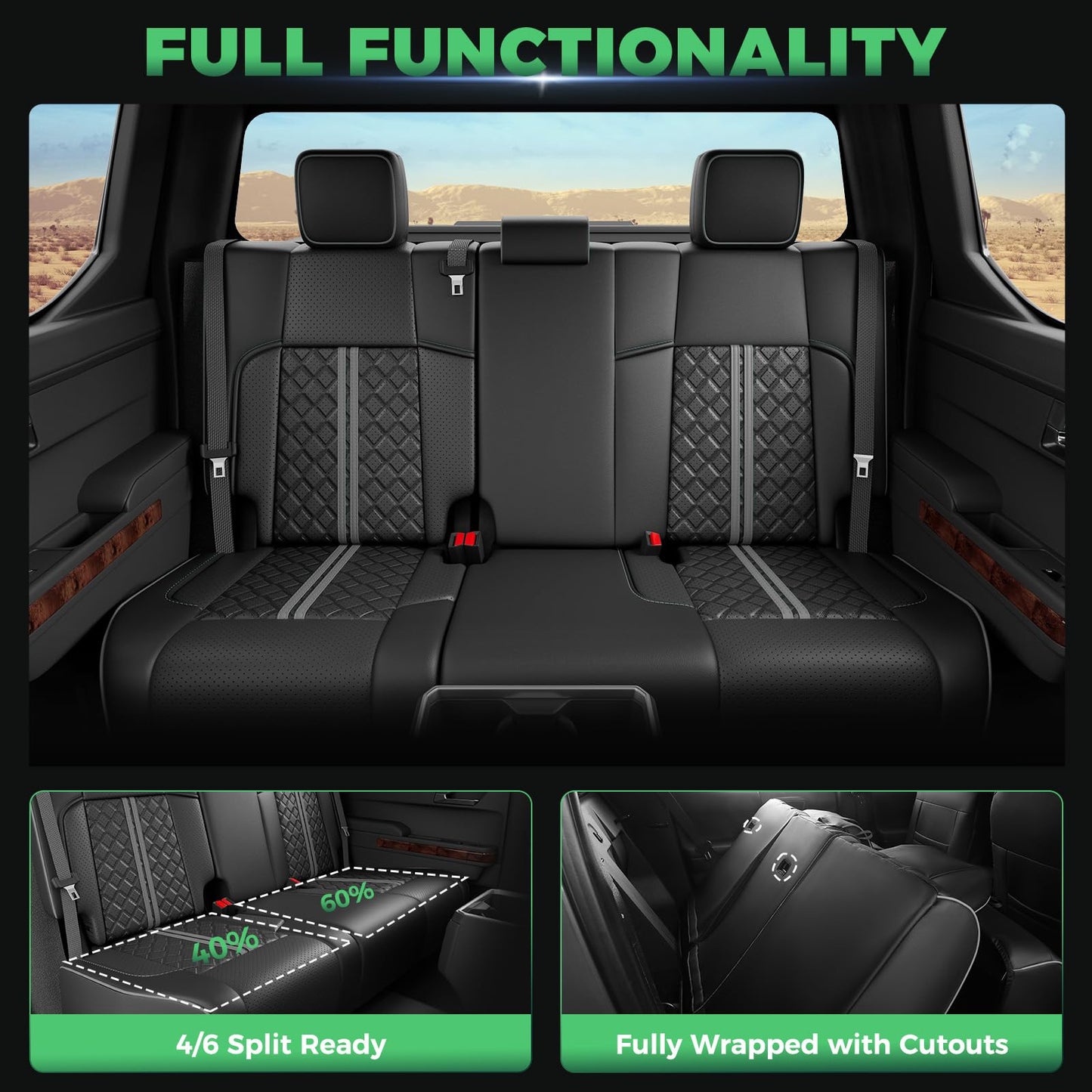 RIDEPOSH Tacoma 2024-2026 seat covers, waterproof leather, full set with console covers, black/grey.