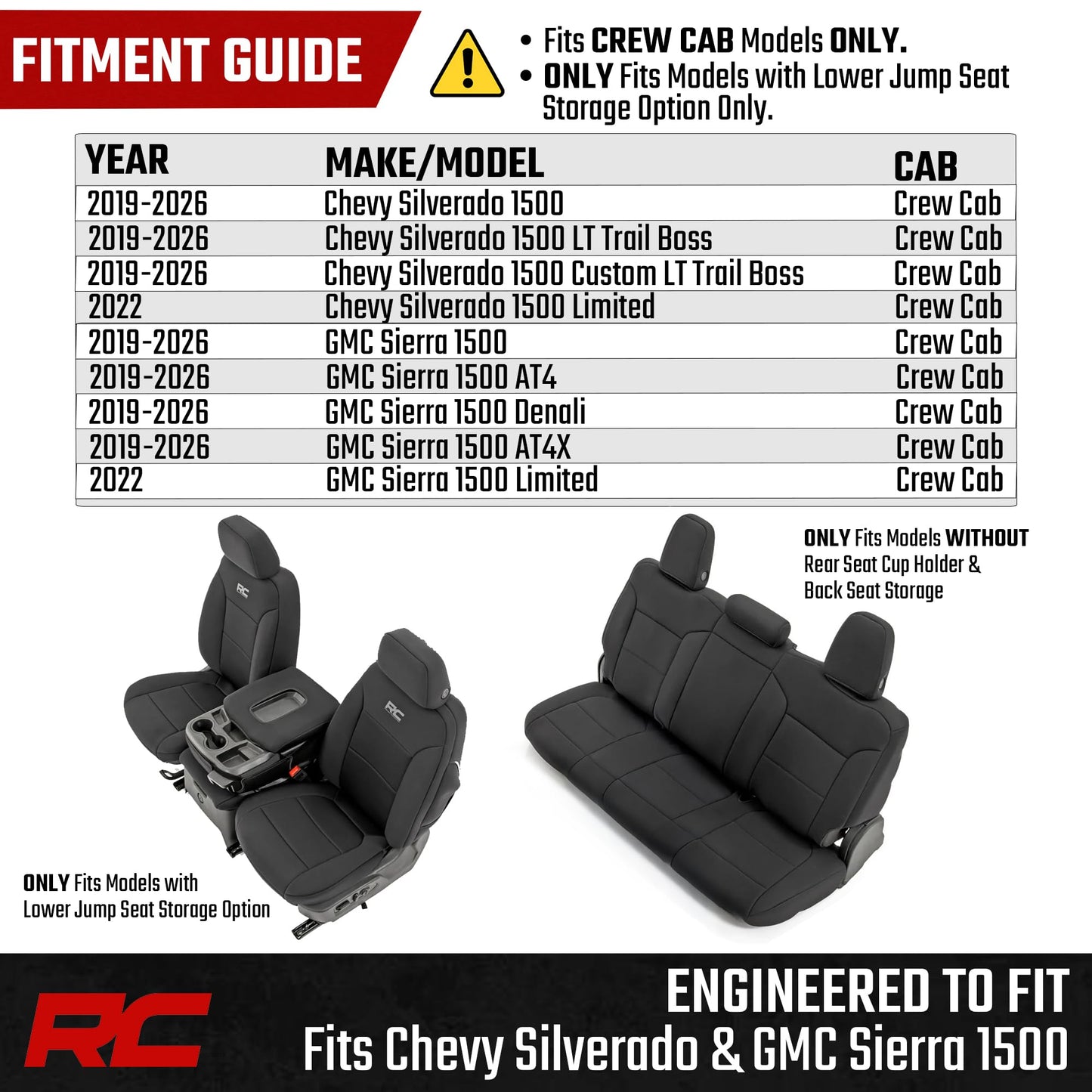 Rough Country Silverado/Sierra 1500 2019-2026 neoprene seat covers, waterproof, padded.