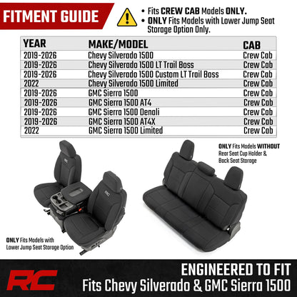 Rough Country Silverado/Sierra 1500 2019-2026 neoprene seat covers, waterproof, padded.